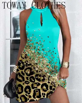Vestido Para As Mulheres 2023 Sem Mangas De Contraste De Impressão De Leopardo Fechadura Pescoço CasualA Vestido De Linha