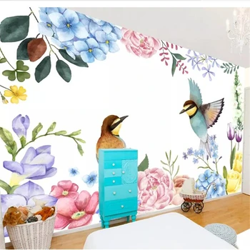 wellyu papel de parede Personalizado Europeia fresco pequeno aquarela flores e pássaros crianças da sala na parede do fundo papier peint
