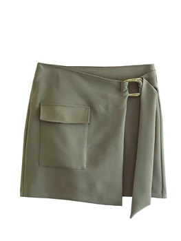 YENKYE Nova Mulher Fivela de Laço Cruzado Mini-Saia Vintage Bolso de Patch Feminino Cintura Alta Faldas Mujer