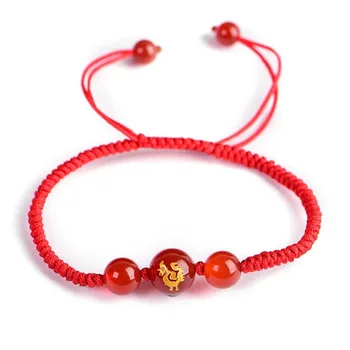 Zodíaco chinês Animal Corda Vermelha Sorte Pulseiras Agates grânulos de pedra do Casal Charme Pulseira de Mão tecida de Mulheres Diy Jóias